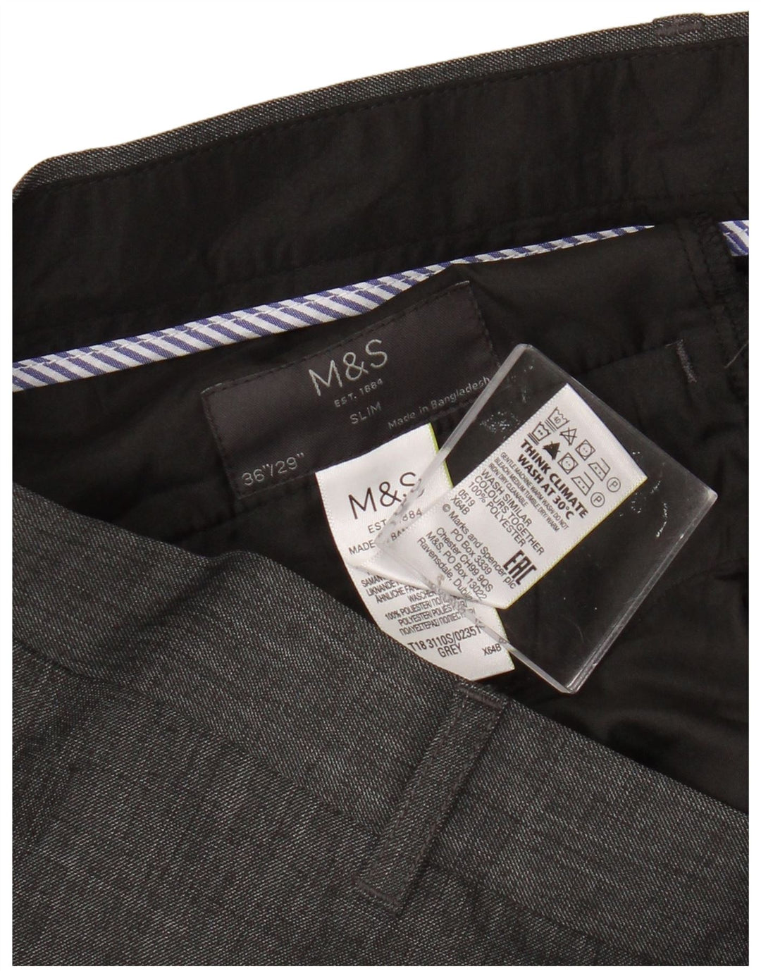 Marks & Spencer Mens Slim Suit Trousers W36 L29 Grey Polyester