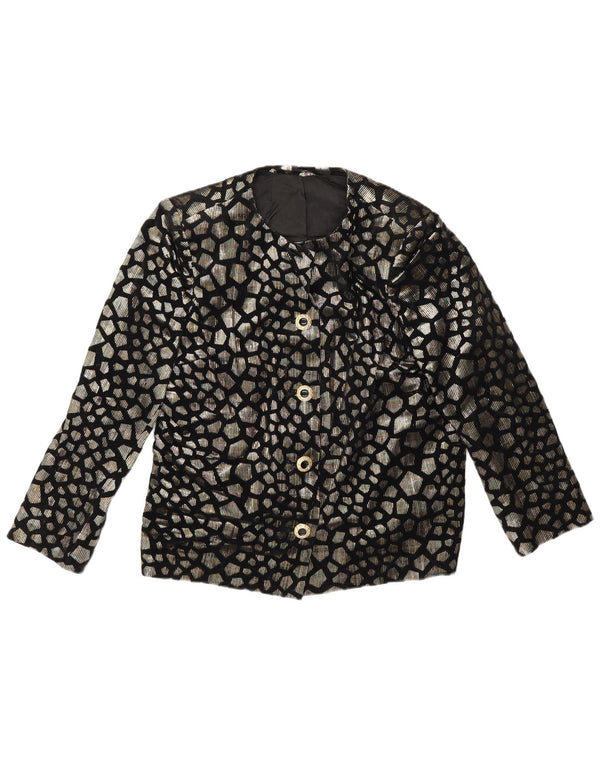Jaqueta blazer feminina vintage com 5 botões Reino Unido 12 médio preto geométrico retrô