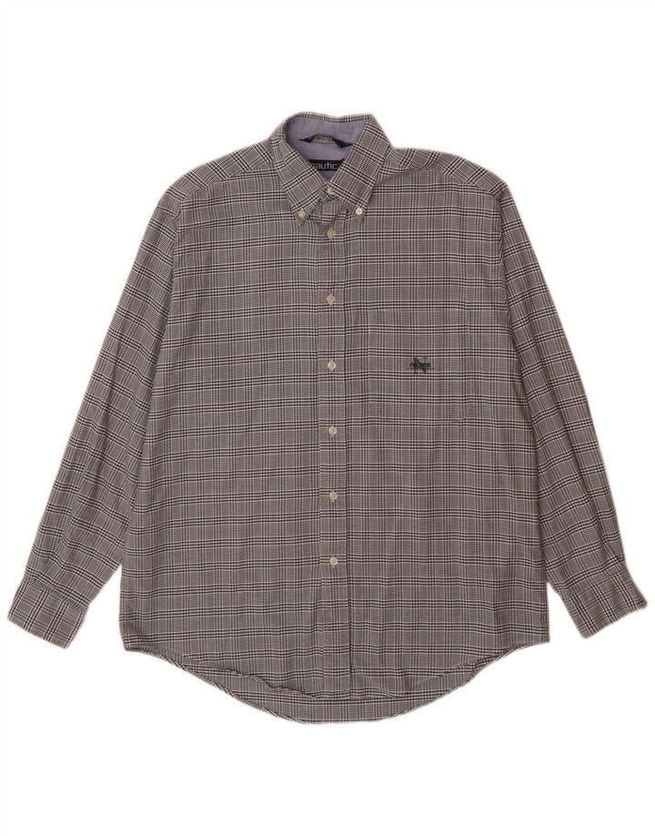 NAUTICA Mens Flannel Shirt Medium Navy Blue Houndstooth Cotton