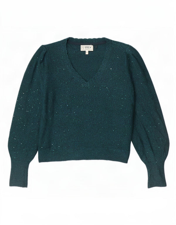 Fat Face Womens Oversized V-Neck Jumper Sweater UK 10 Small Green Flecked