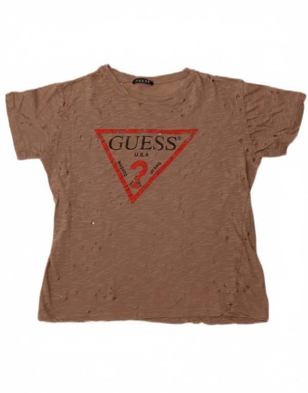 Guess Womens Perforated Graphic T-Shirt Top UK 14 Medium Brown