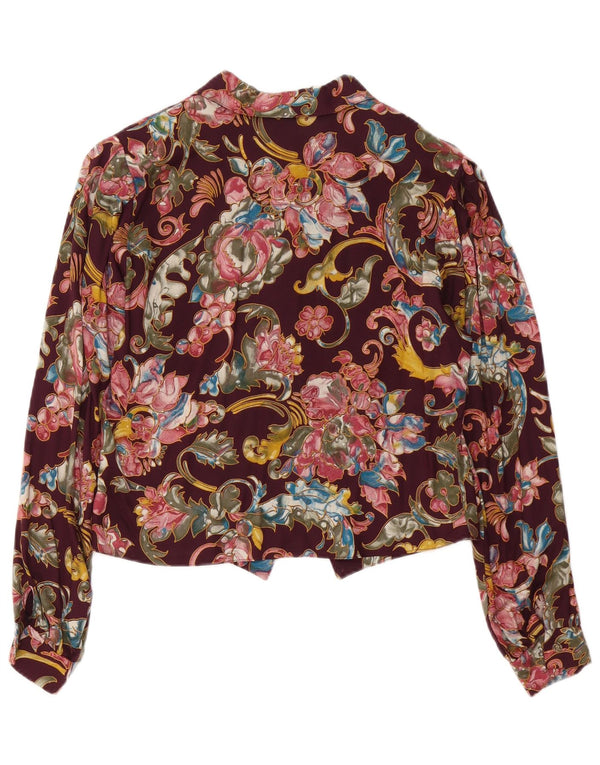 Bluzka damska vintage, koszulowa UK 10, mała, bordowa, w kwiaty, wiskoza