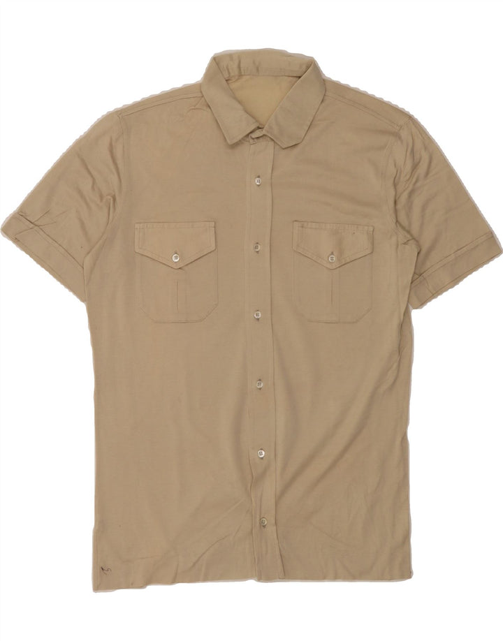 VINTAGE Mens Short Sleeve Shirt Small Beige Cotton Vintage Vintage and Second-Hand Vintage from Messina Hembry 