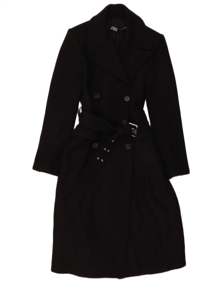 Zara Womens Double Breasted Coat UK 10 Small Black Wool