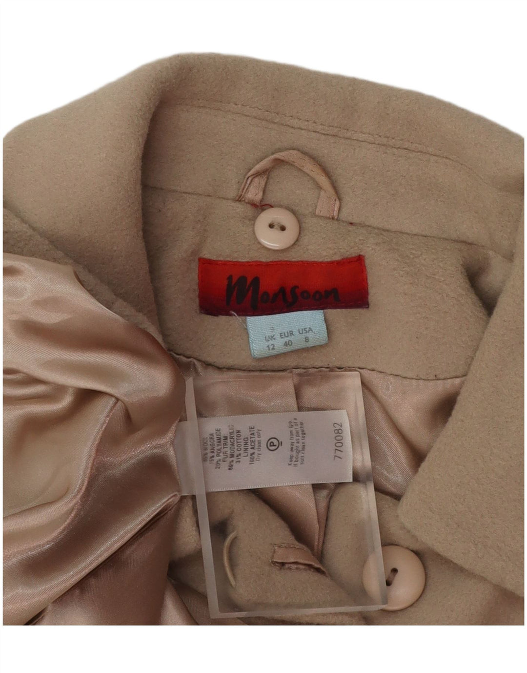 MONSOON Dame Overfrakke UK 12 Medium Beige Uld