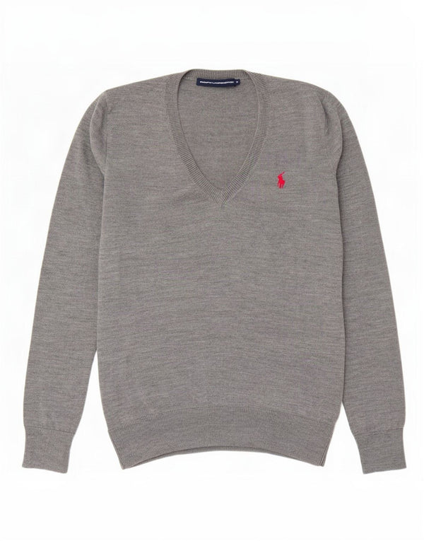 Maglione maglione con scollo a V da donna Ralph Lauren UK 14 Lana screziata grigio medio