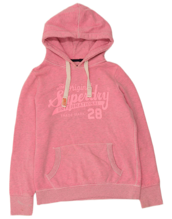 Damski sweter z kapturem Superdry z grafiką UK 16, duży, różowy, bawełniany w plamki