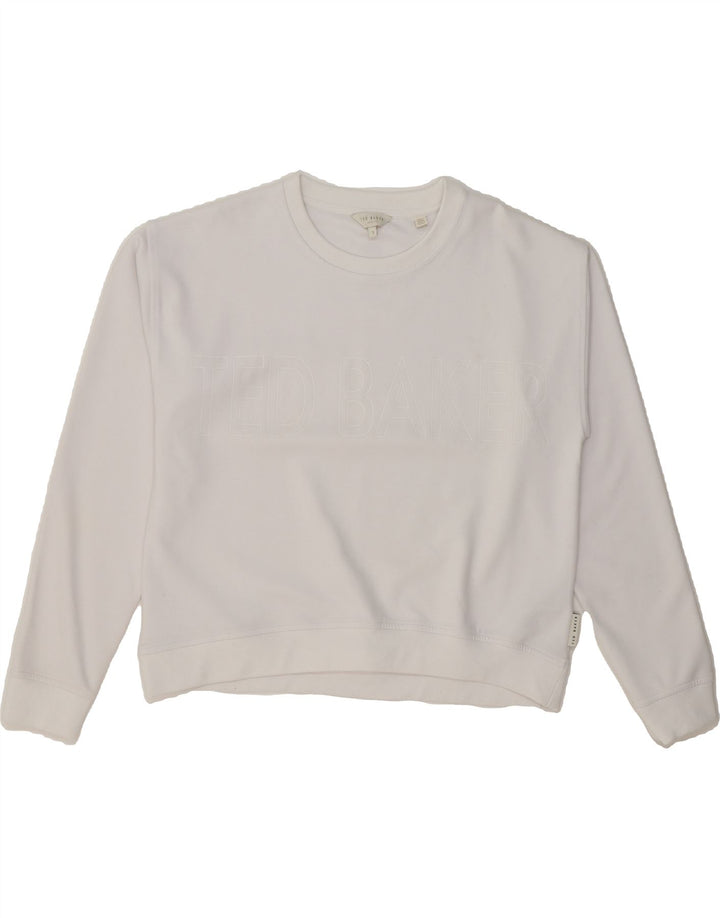 TED BAKER Womens Graphic Oversized Sweatshirt Jumper Size 3 Medium White Vintage Ted Baker and Second-Hand Ted Baker from Messina Hembry 