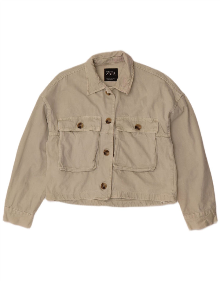 Zara Womens Crop Denim Jacket UK 10 Small Off White Cotton