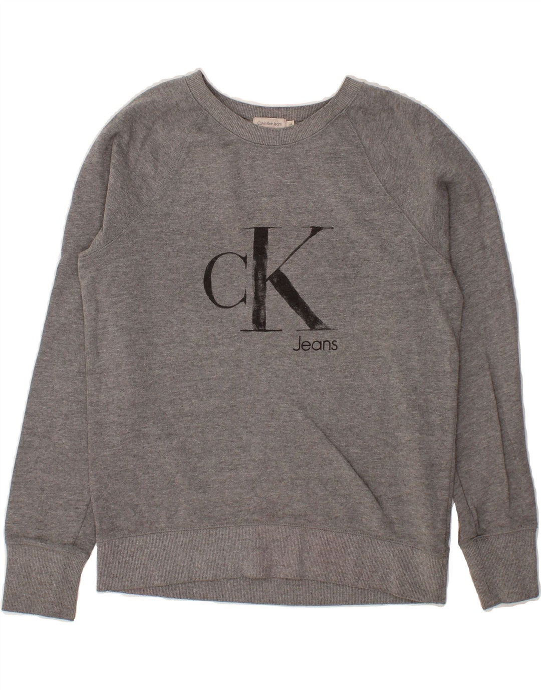 CALVIN KLEIN JEANS Womens Graphic Sweatshirt Jumper UK 14 Medium Grey Vintage Calvin Klein Jeans and Second-Hand Calvin Klein Jeans from Messina Hembry 