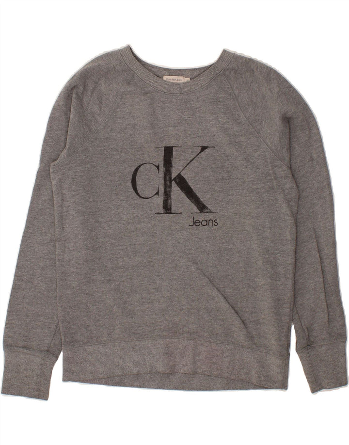 CALVIN KLEIN JEANS Womens Graphic Sweatshirt Jumper UK 14 Medium Grey Vintage Calvin Klein Jeans and Second-Hand Calvin Klein Jeans from Messina Hembry 