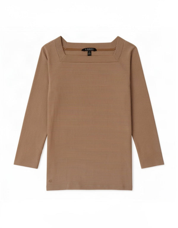 Crop Top pentru femei Ralph Lauren mânecă 3/4 UK 8 mic, bej, bumbac cu dungi