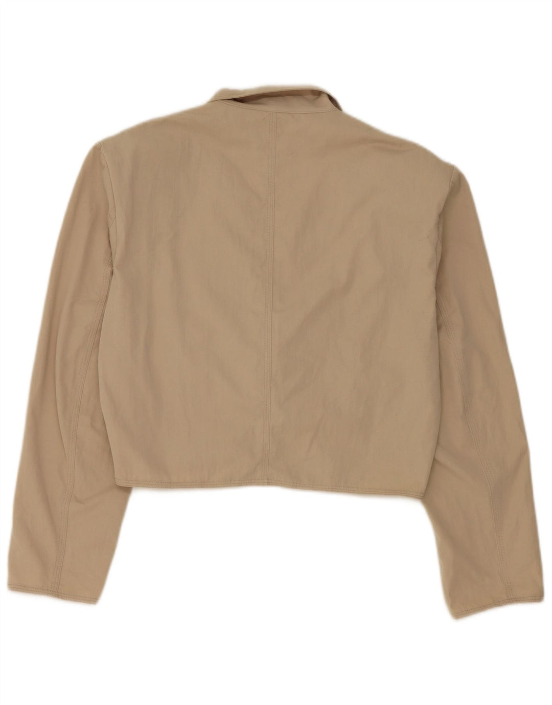 Jaqueta blazer feminina Stefanel Crop 2 botões Reino Unido 16 grande poliéster bege