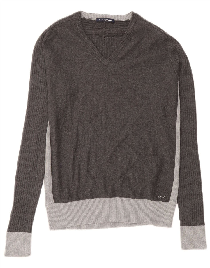 Gas Mens V-Neck Jumper Sweater Medium Grey Colourblock Cotton