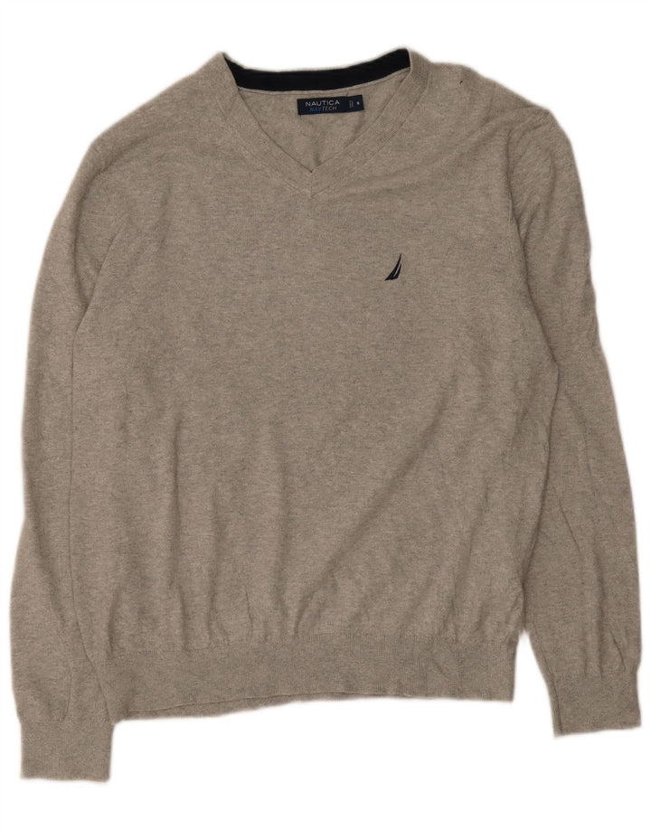 Nautica Mens V-Neck Jumper Sweater Medium Grey Cotton