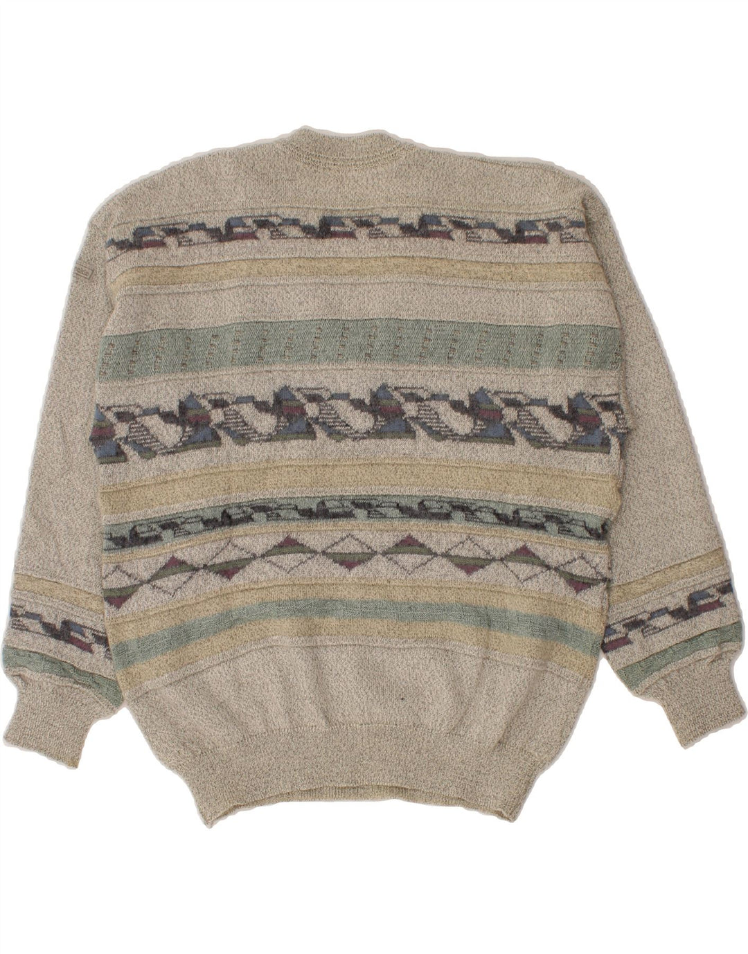 VINTAGE Mens V-Neck Jumper Sweater Medium Grey Geometric Vintage Vintage and Second-Hand Vintage from Messina Hembry 