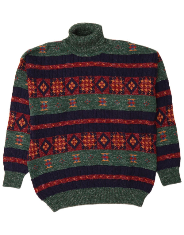vintage Mens Roll Neck Jumper Pull Moyen Vert Géométrique Alpaga Laine