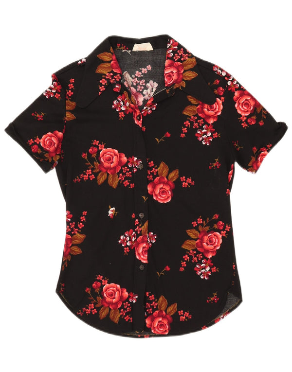 Vintage Womens Short Sleeve Shirt UK 10 Small Black Floral