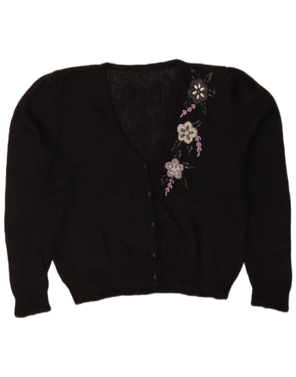 Suéter cardigã feminino vintage UK 18 XL preto floral