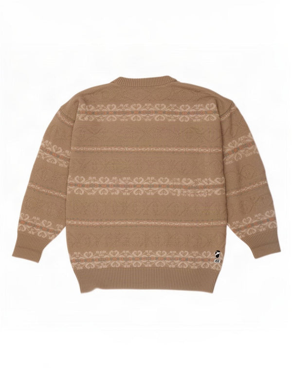 Vintage Mens Crew Neck Jumper Sweater Medium Beige Fair Isle