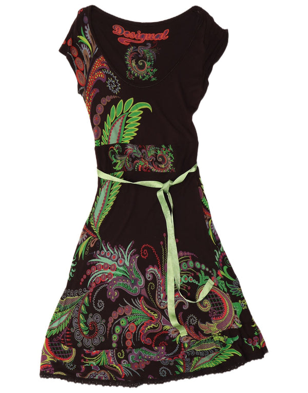 Desigual Damen Grafik-A-Linien-Kleid UK 14 Große schwarze Paisley-Viskose