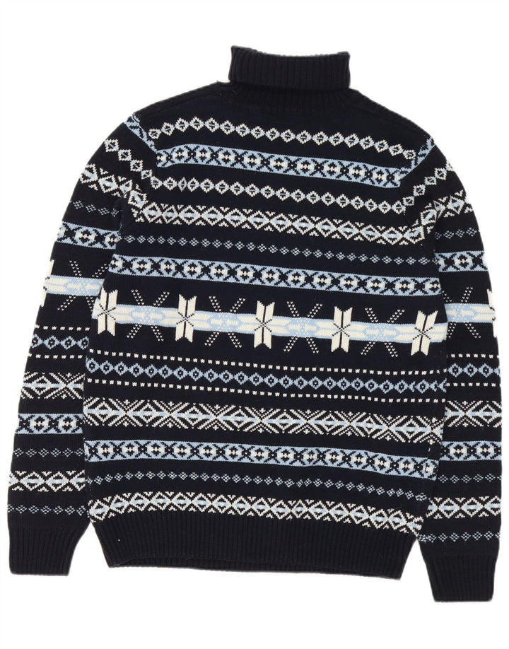 GUTTERIDGE Mens Roll Neck Jumper Sweater XL Navy Blue Fair Isle Wool