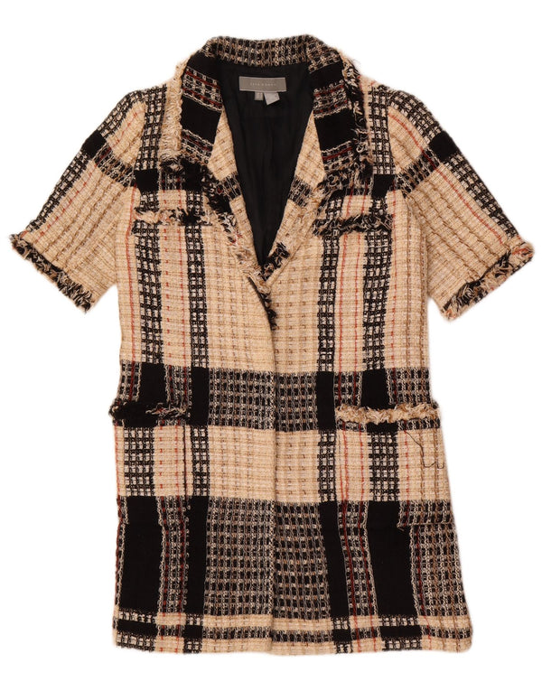 Zara Womens Longline Short Sleeve Blazer Jacket UK 12 Medium Beige Check