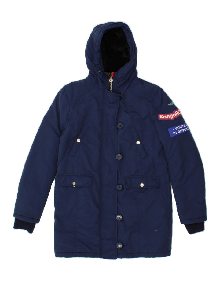 KANGAROOS Womens Graphic Hooded Padded Jacket UK 12 Medium Navy Blue Vintage Kangaroos and Second-Hand Kangaroos from Messina Hembry 