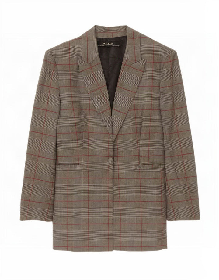 Zara Chaqueta Blazer De 1 Botón Para Mujer UK 42 Poliéster A Cuadros Gris Medio