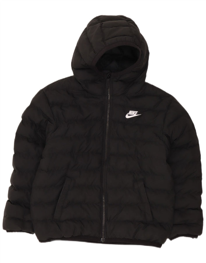 NIKE Boys Hooded Padded Jacket 10-11 Years Medium Black Polyester