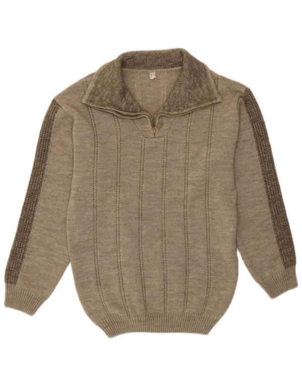 Vintage Herre Zip Neck Jumper Sweater UK 38 Medium Khaki Flecked Polyacrylic