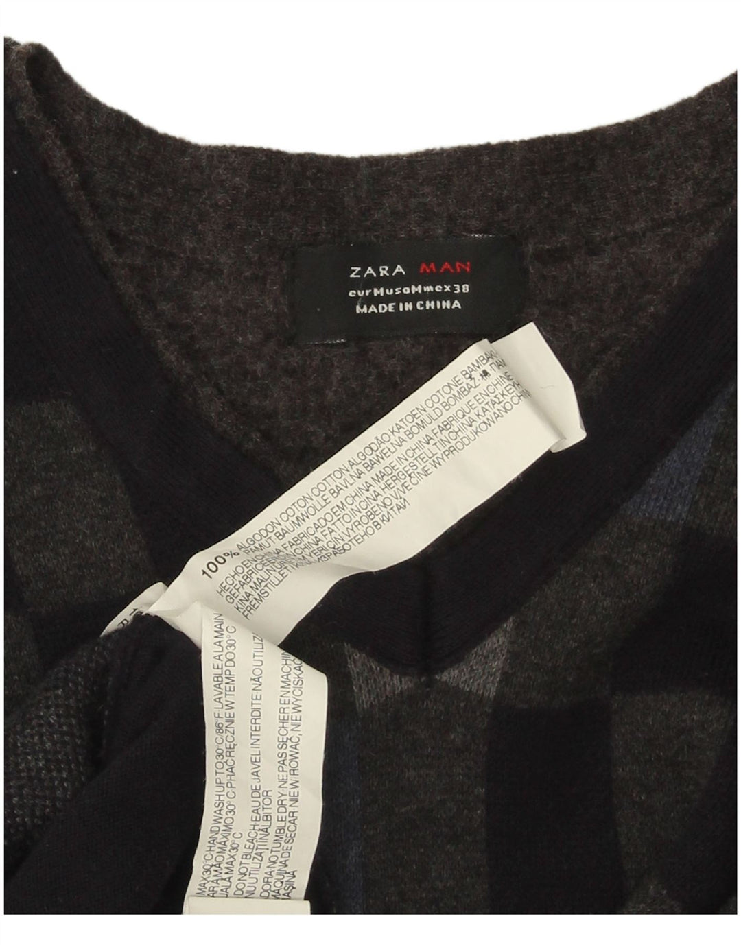 Zara Herren-Pullover mit V-Ausschnitt aus mittelschwarzer, geometrischer Baumwolle