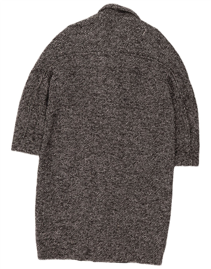 Zara Womens 3/4 Sleeve Overcoat UK 14 Medium Black Herringbone Cotton