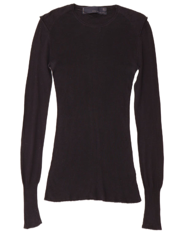 Zara Femme Top Manches Longues UK 14 Large Noir Coton