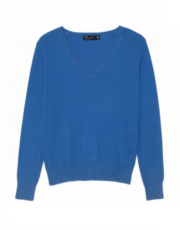Zara Damen-Pullover mit V-Ausschnitt, UK 12, mittelblaue Baumwolle