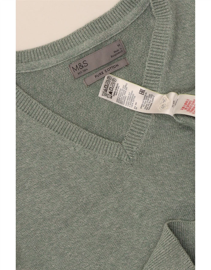 MARKS & SPENCER Mens V-Neck Jumper Sweater Medium Green Flecked Cotton