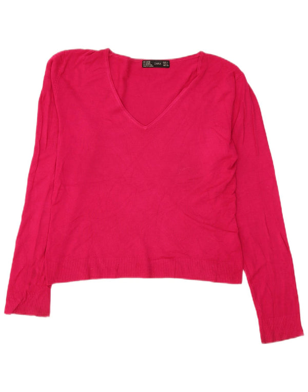 Zara Pull court à col en V pour femme UK 16 Large Rayonne Rose