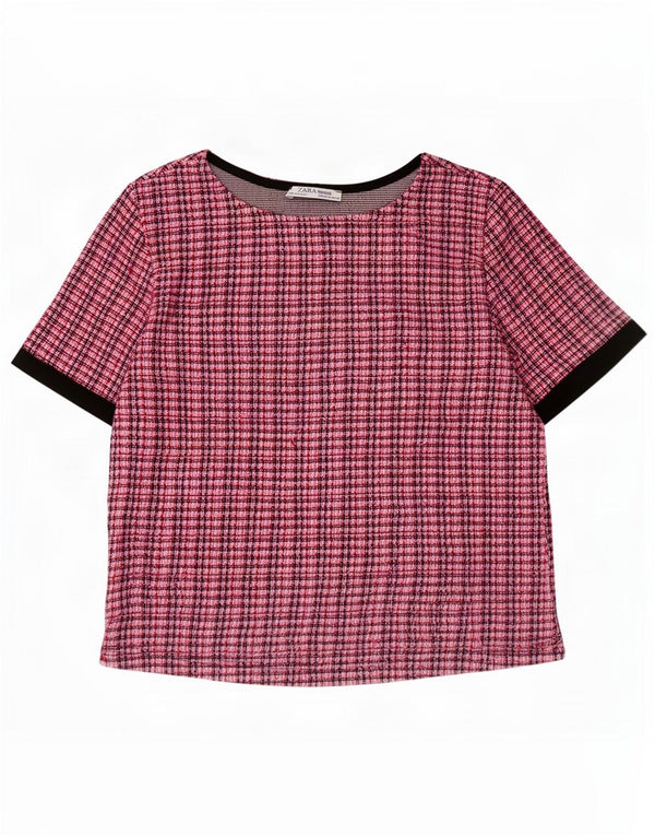 Zara Womens Crop Bluse Top UK 12 Medium Pink Check Poliester