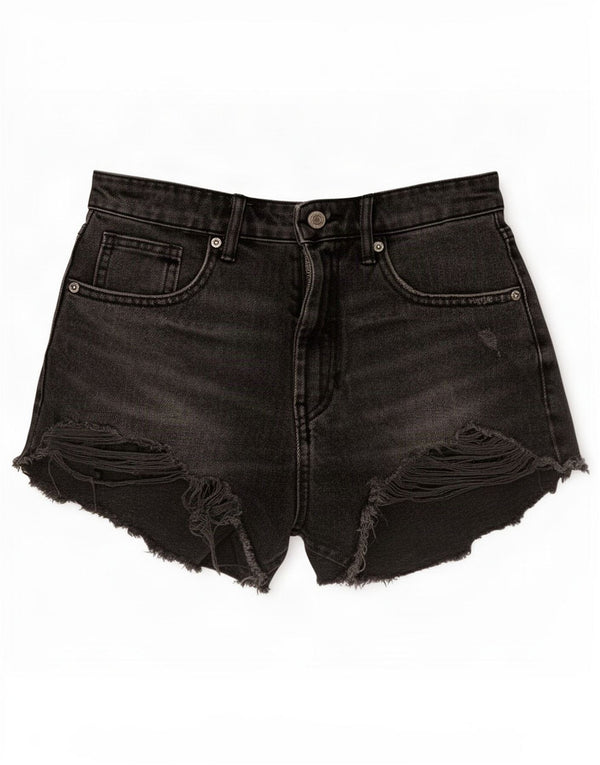 Zara Damen Denim-Shorts im Used-Look mit hoher Taille, EU 36, XS, W26, schwarze Baumwolle