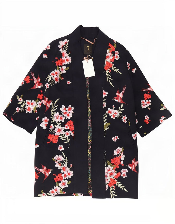 Ted Baker Womens Oversized 3/4 Sleeve Overcoat UK 10 Small Navy Blue Floral