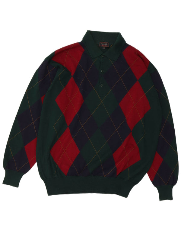 Sky & Eagle Herre Polo Neck Jumper Sweater Large Green Argyle/Diamond