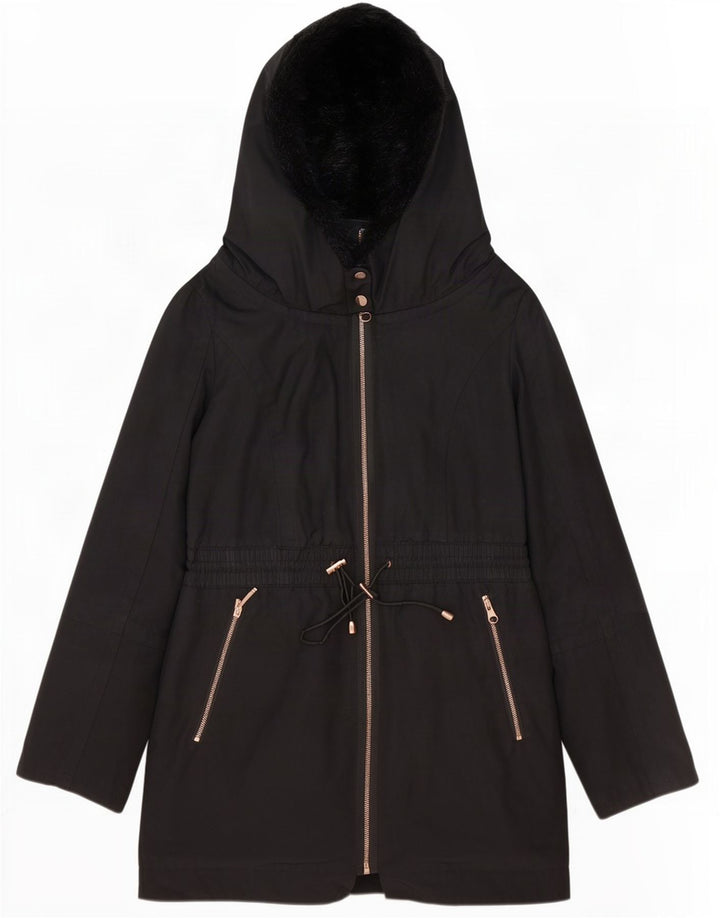 Jaqueta Parka de grandes dimensões com capuz feminina Ted Baker tamanho 2 poliéster preto pequeno
