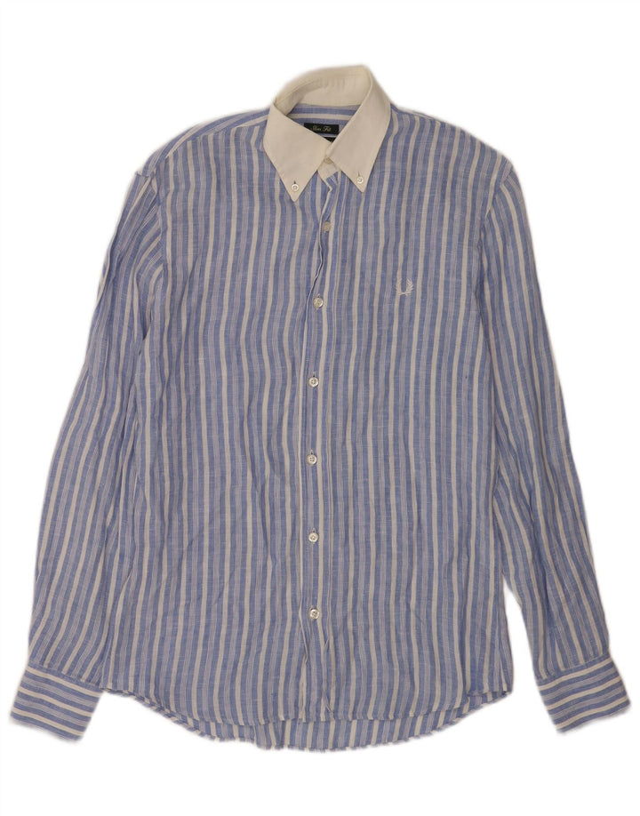 Fred Perry Mens Slim Fit Shirt Small Blue Striped Linen