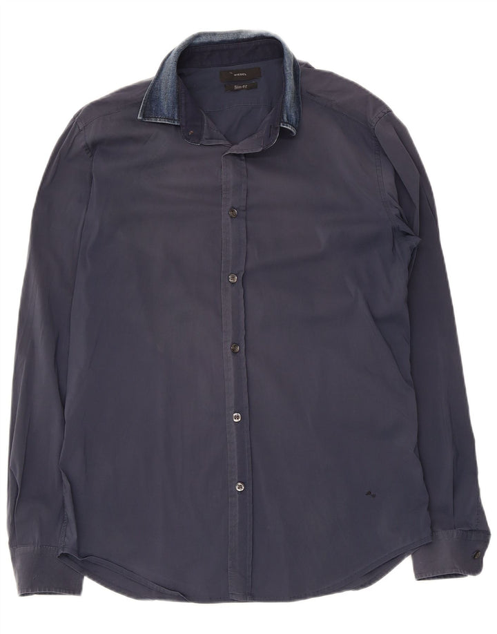 Diesel Mens Slim Fit Shirt Medium Navy Blue Cotton