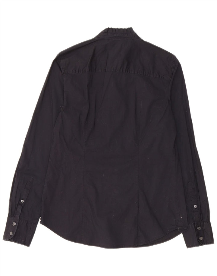 J. Crew Womens Ruffle Front Shirt UK 10 Small Black Cotton