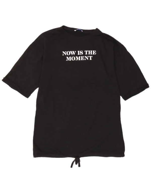 Zara Womens Graphic T-Shirt Top UK 16 Grand Noir Coton