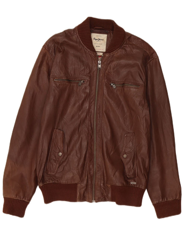 PEPE Jeans Mens Leather Jacket UK 40 Large Brown Leather