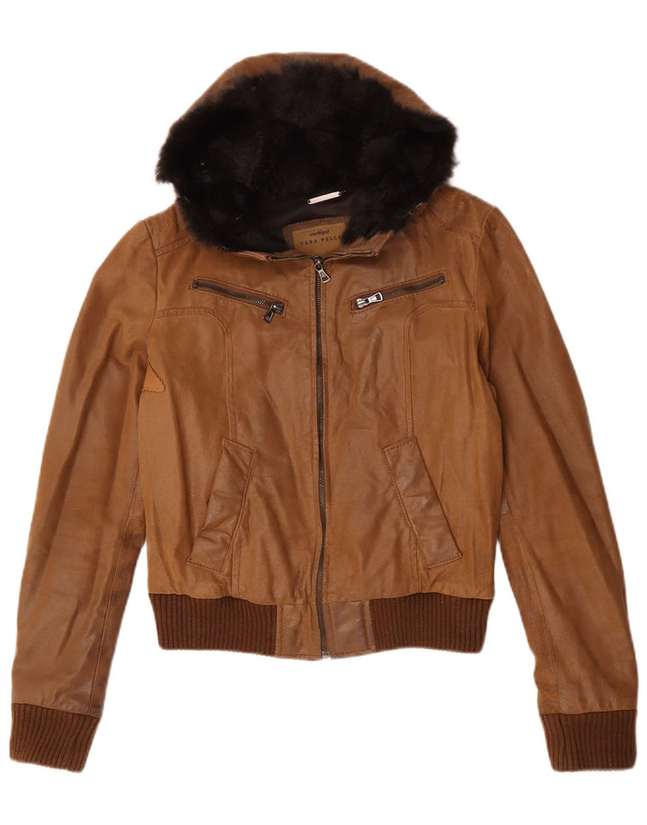 Conbipel Damen Lederjacke mit Kapuze IT 42 Mittelbraunes Leder
