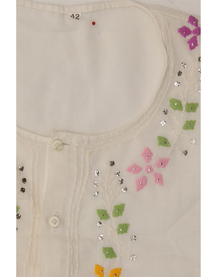 VINTAGE Womens 3/4 Sleeve Blouse Top IT 42 Medium White Floral Polyester Vintage Vintage and Second-Hand Vintage from Messina Hembry 