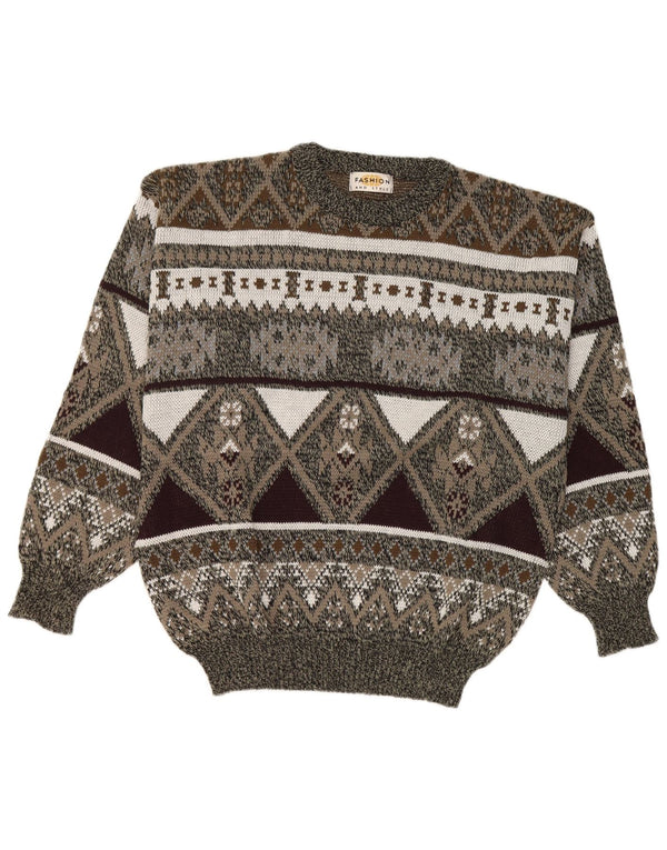 vintage Mens Crew Neck Jumper Sweater IT 42/44 Grand Gris Géométrique